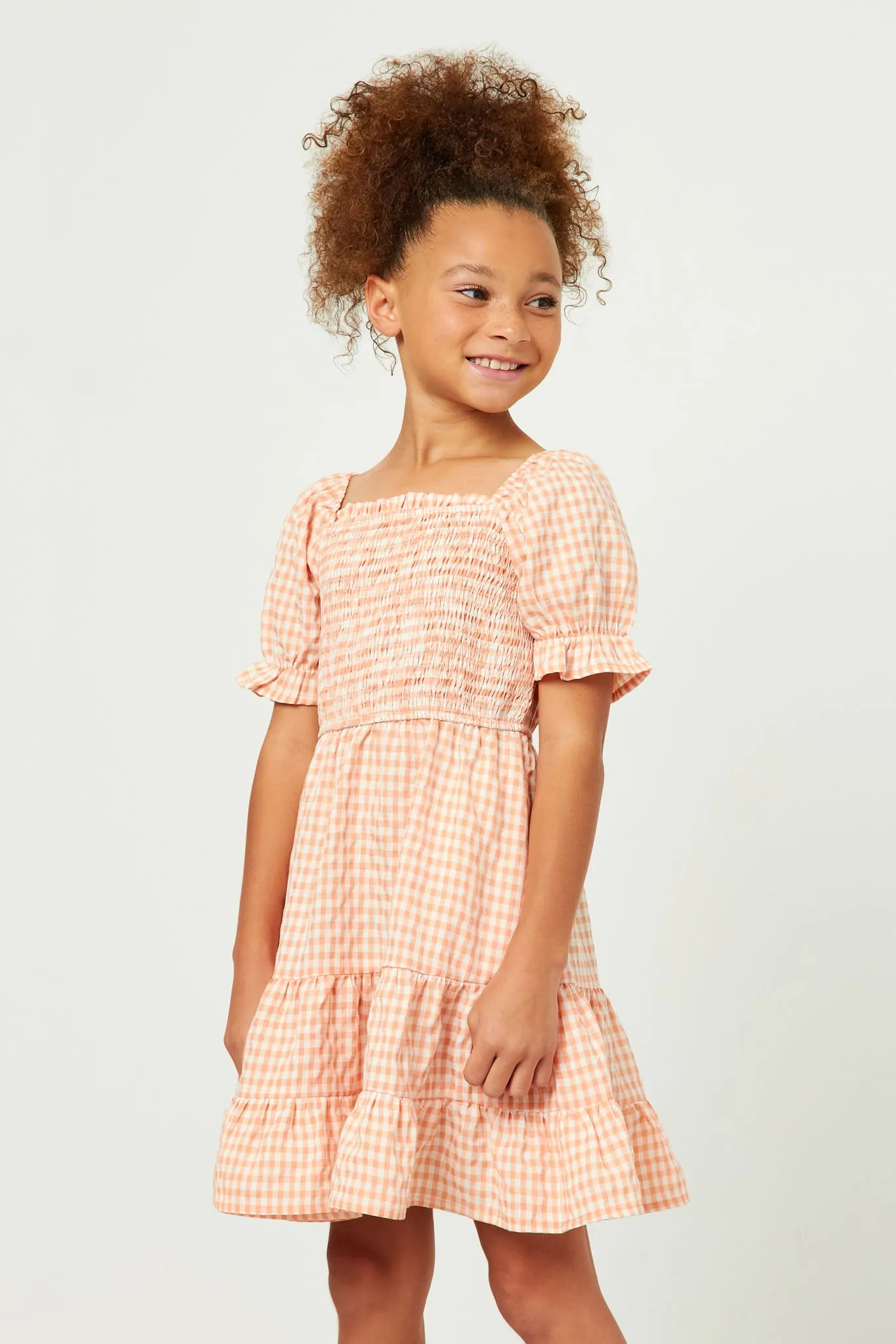 Square Neck Smocked Puff Sleeve Gingham Dress