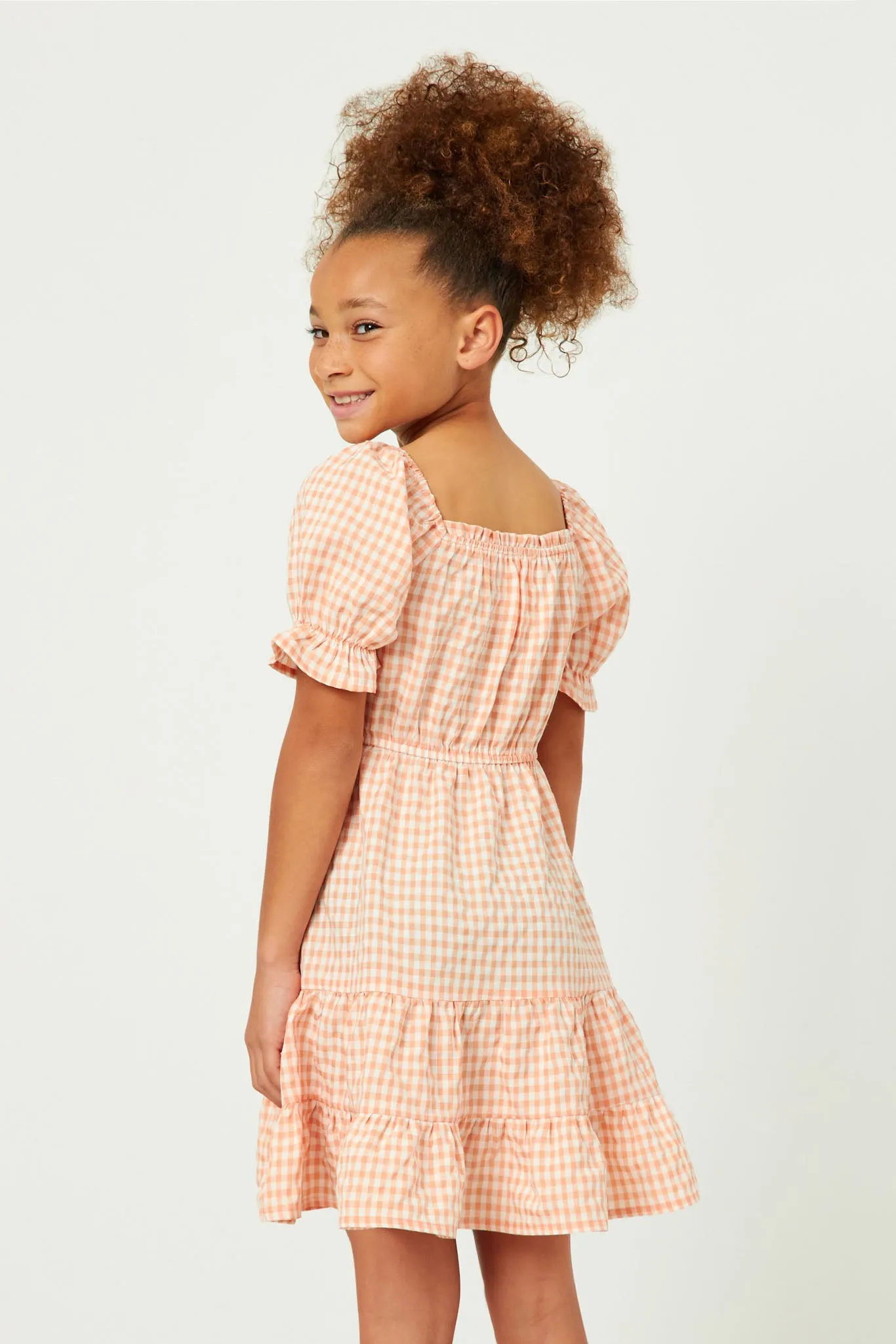 Square Neck Smocked Puff Sleeve Gingham Dress