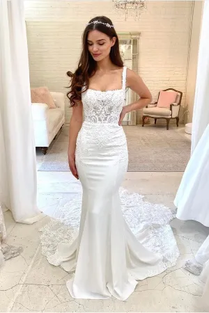 Square Neck Wedding Gown with Lace Bodice and Full Train