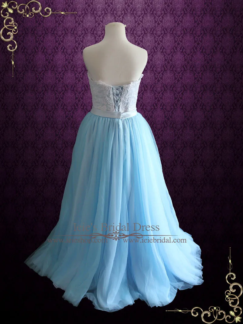 Strapless Blue Lace Formal Evening Dress | Raya