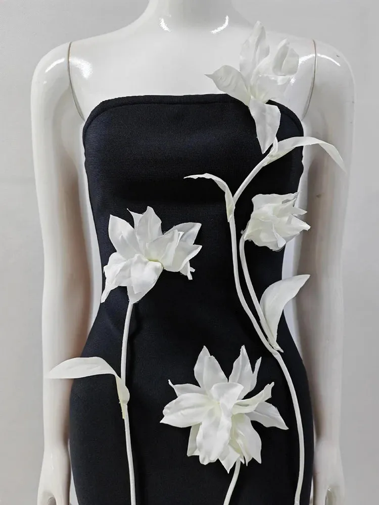 Strapless White 3D Floral Mini Bandage Dress
