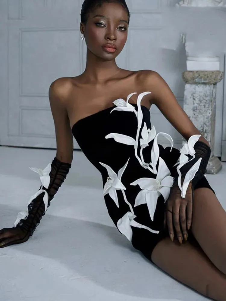 Strapless White 3D Floral Mini Bandage Dress