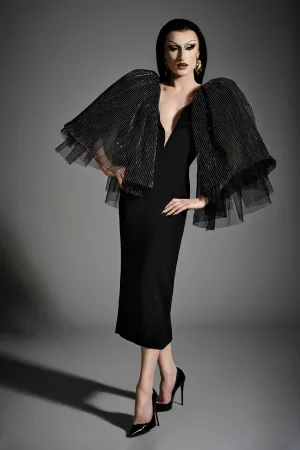 Stripe Sequin Tulle Flutter Sleeve Midi Dress