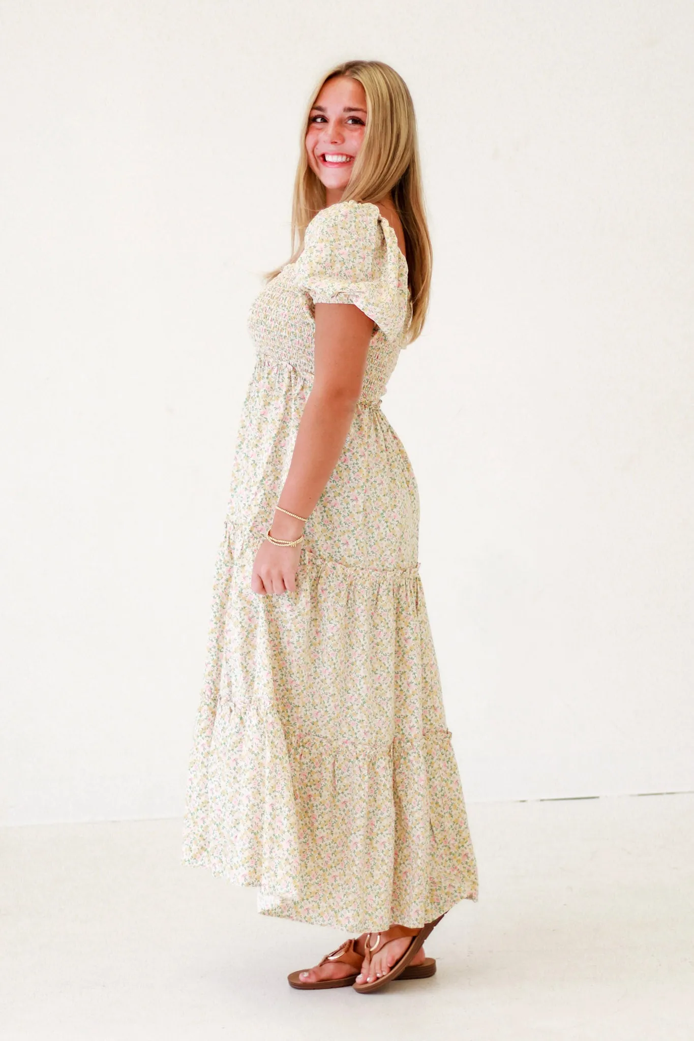 Summer Sunshine Smocked Floral Midi Dress