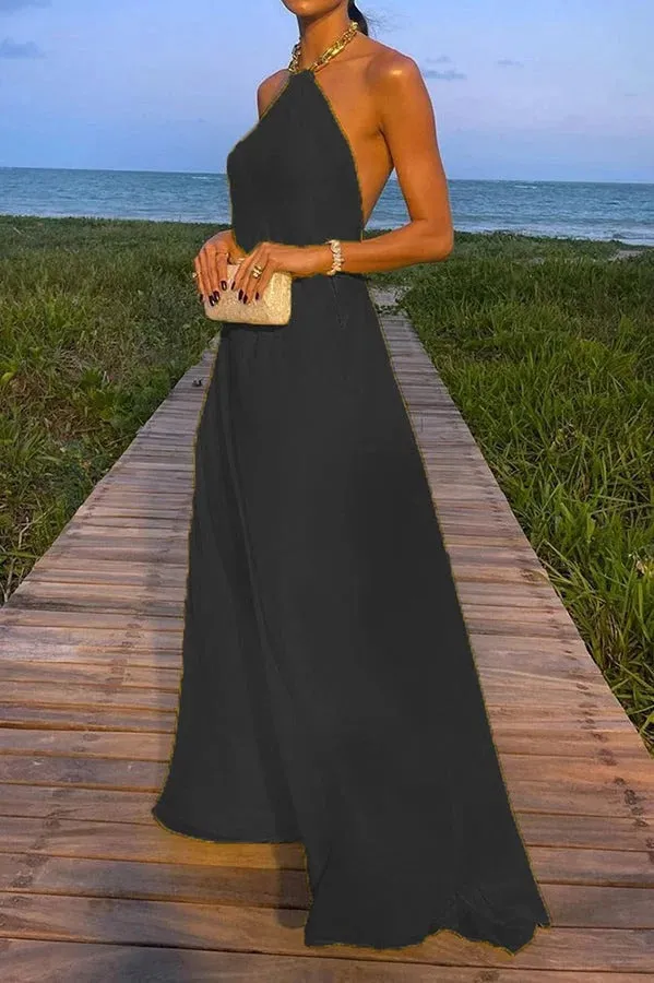 Sunny in Santorini Chain Halter Backless A-line Vacation Maxi Dress