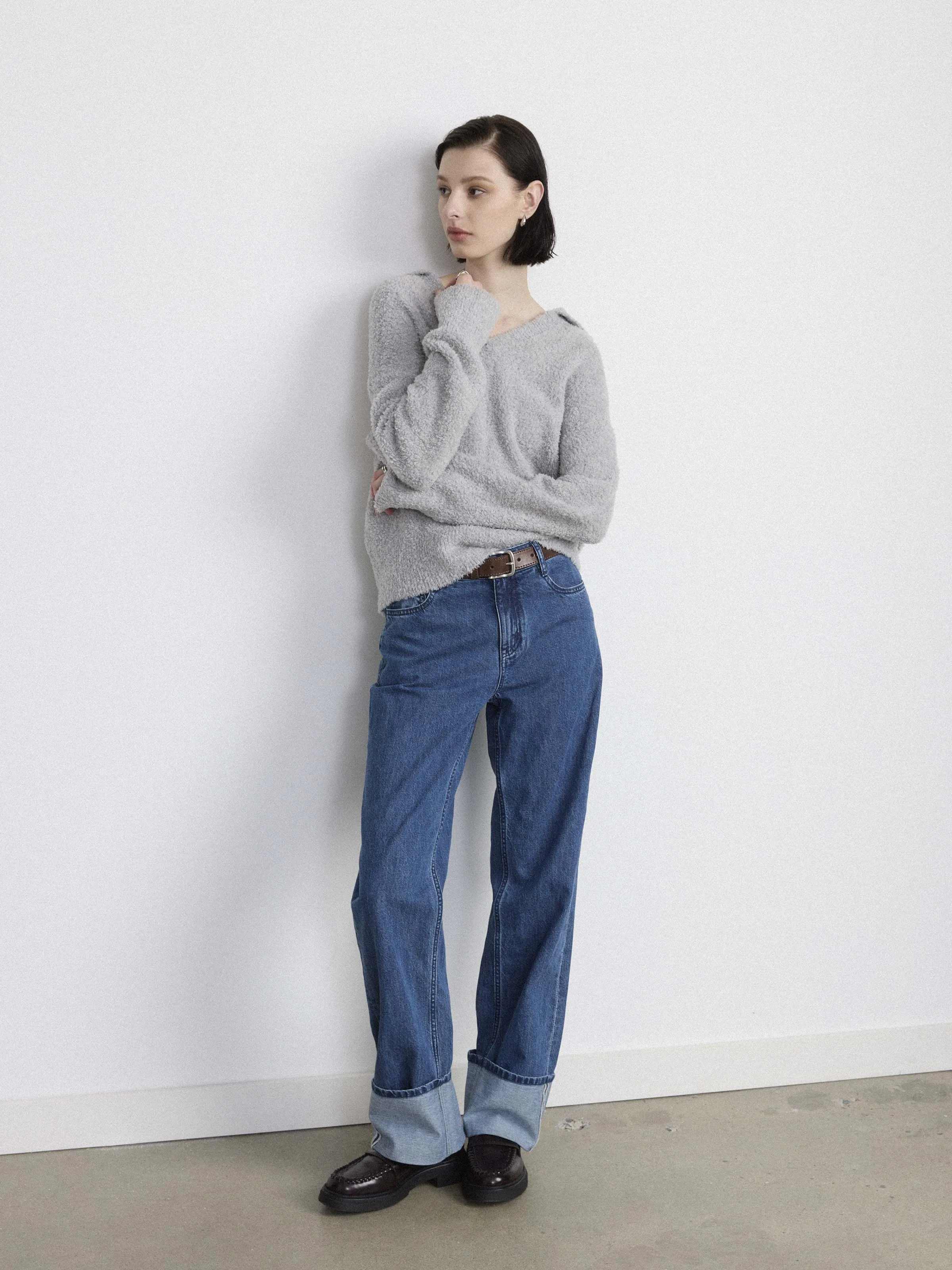 The Fuzzy Johnny Collar Sweater  in Light Grey