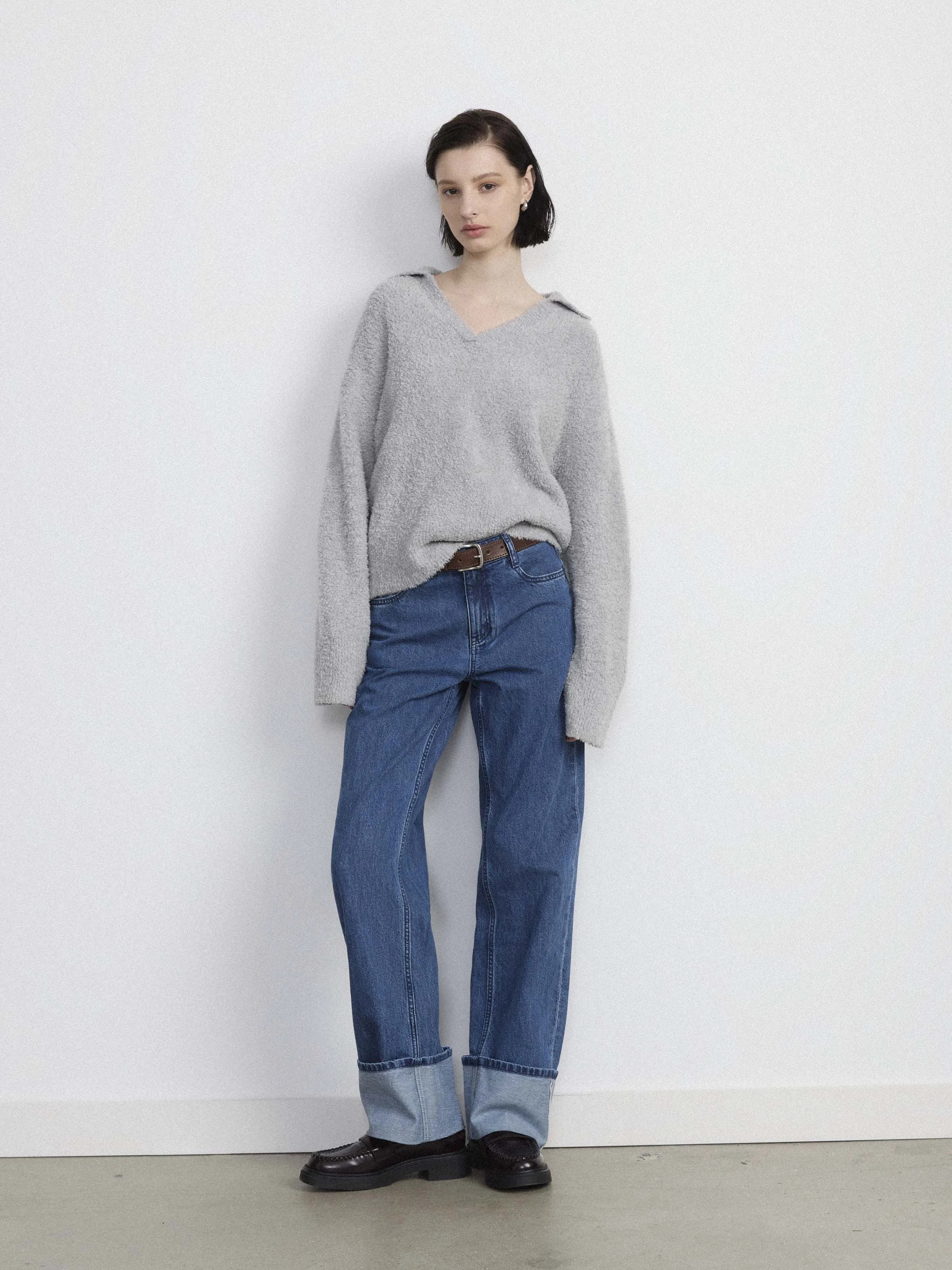 The Fuzzy Johnny Collar Sweater  in Light Grey