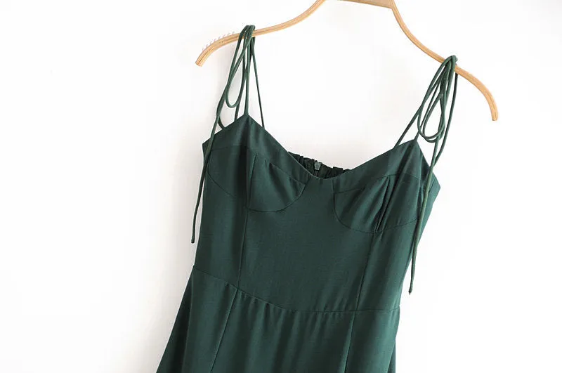 Tie Lace Up Retro Green Split Midi Dresses