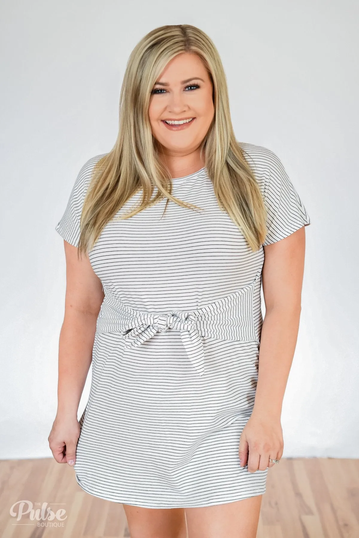 Tied For First Striped Short Sleeve Dress- White