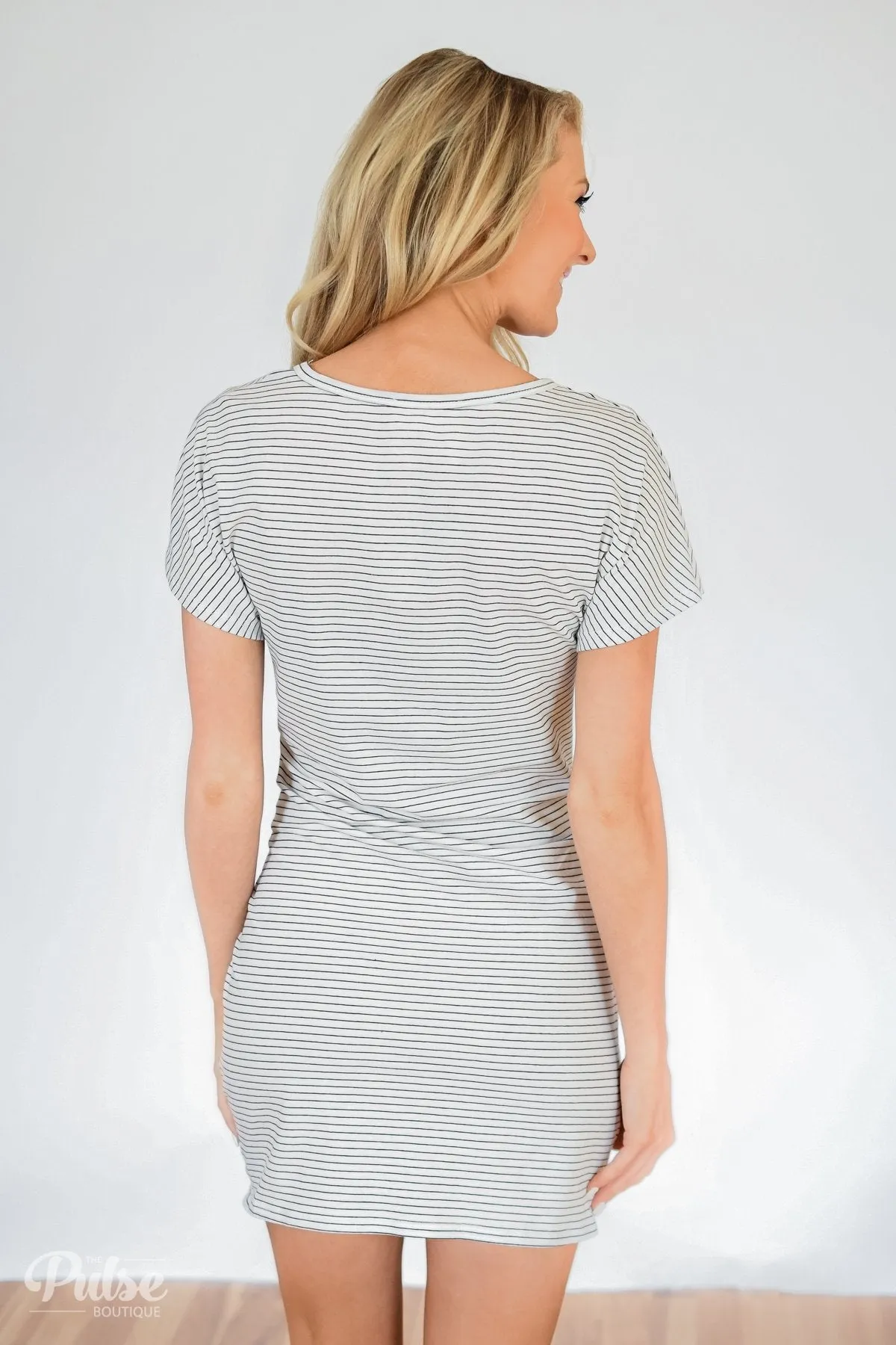 Tied For First Striped Short Sleeve Dress- White