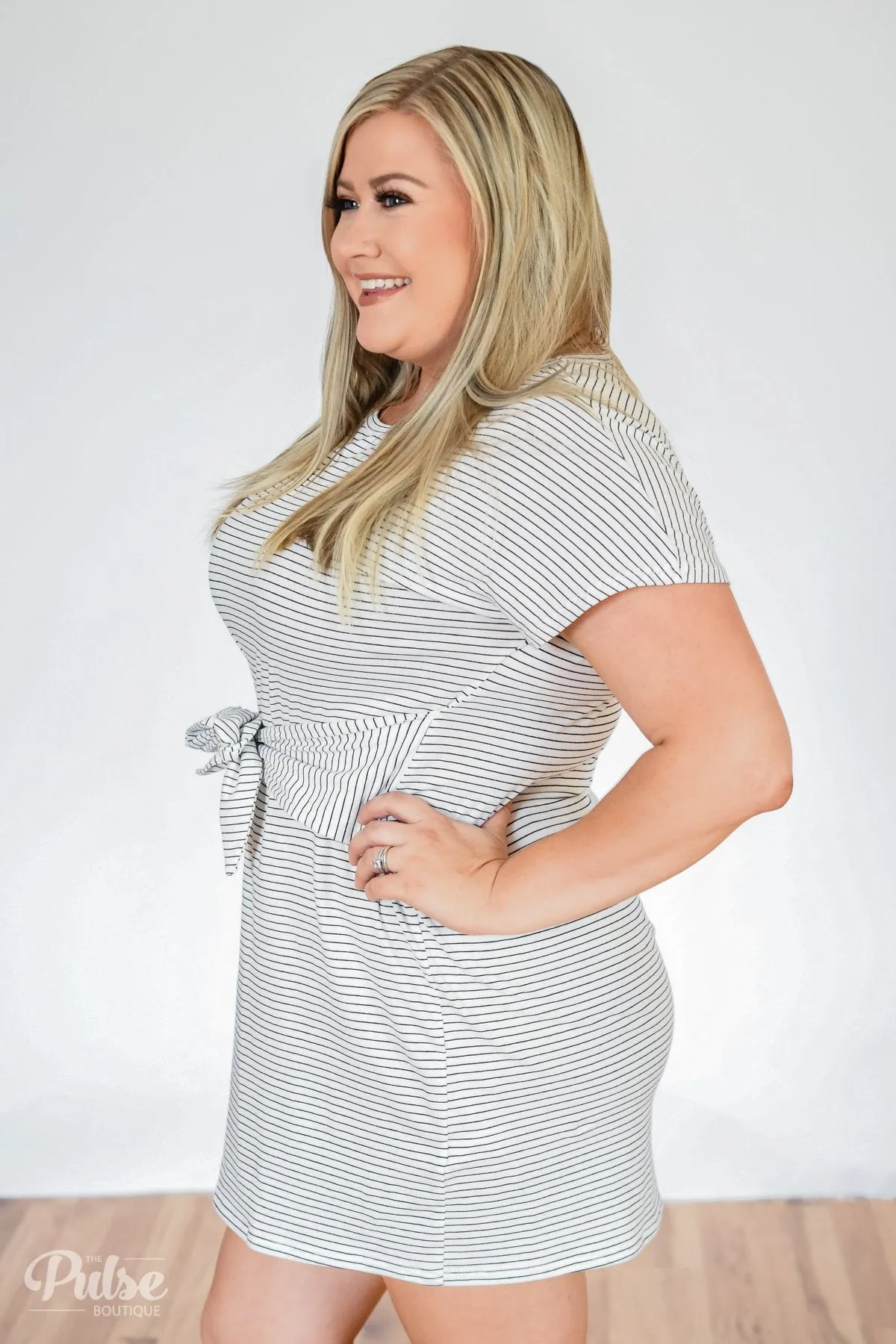Tied For First Striped Short Sleeve Dress- White