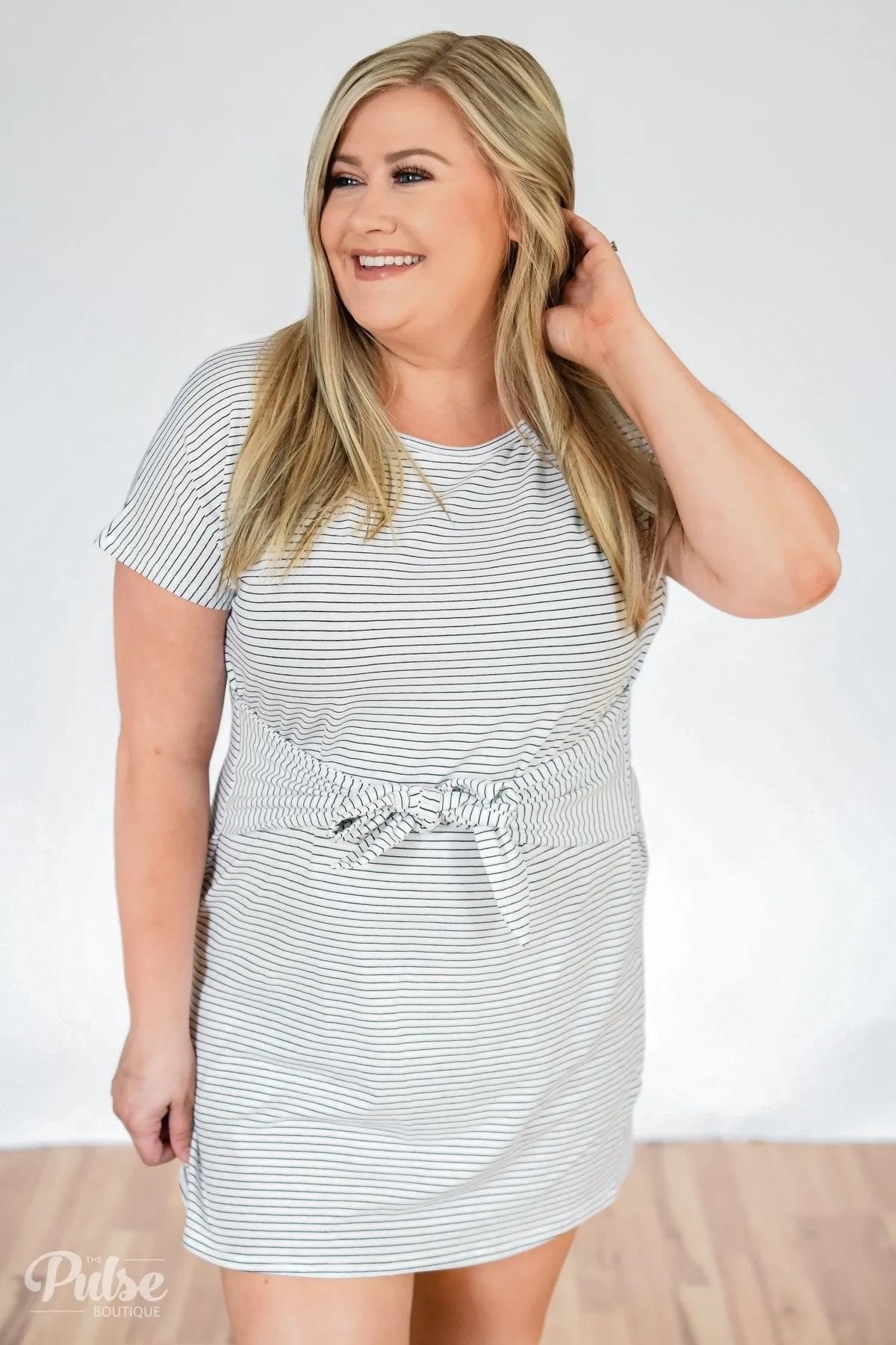 Tied For First Striped Short Sleeve Dress- White
