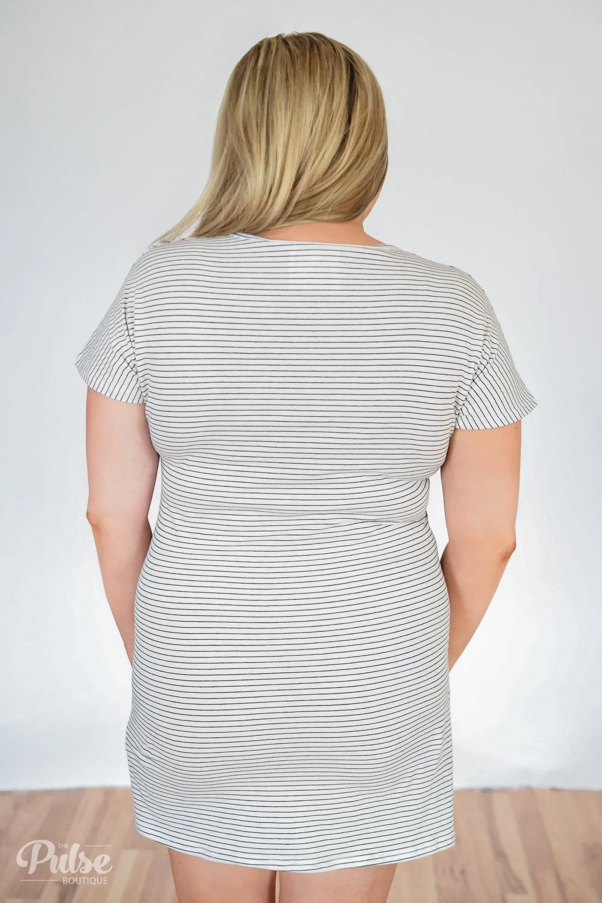 Tied For First Striped Short Sleeve Dress- White