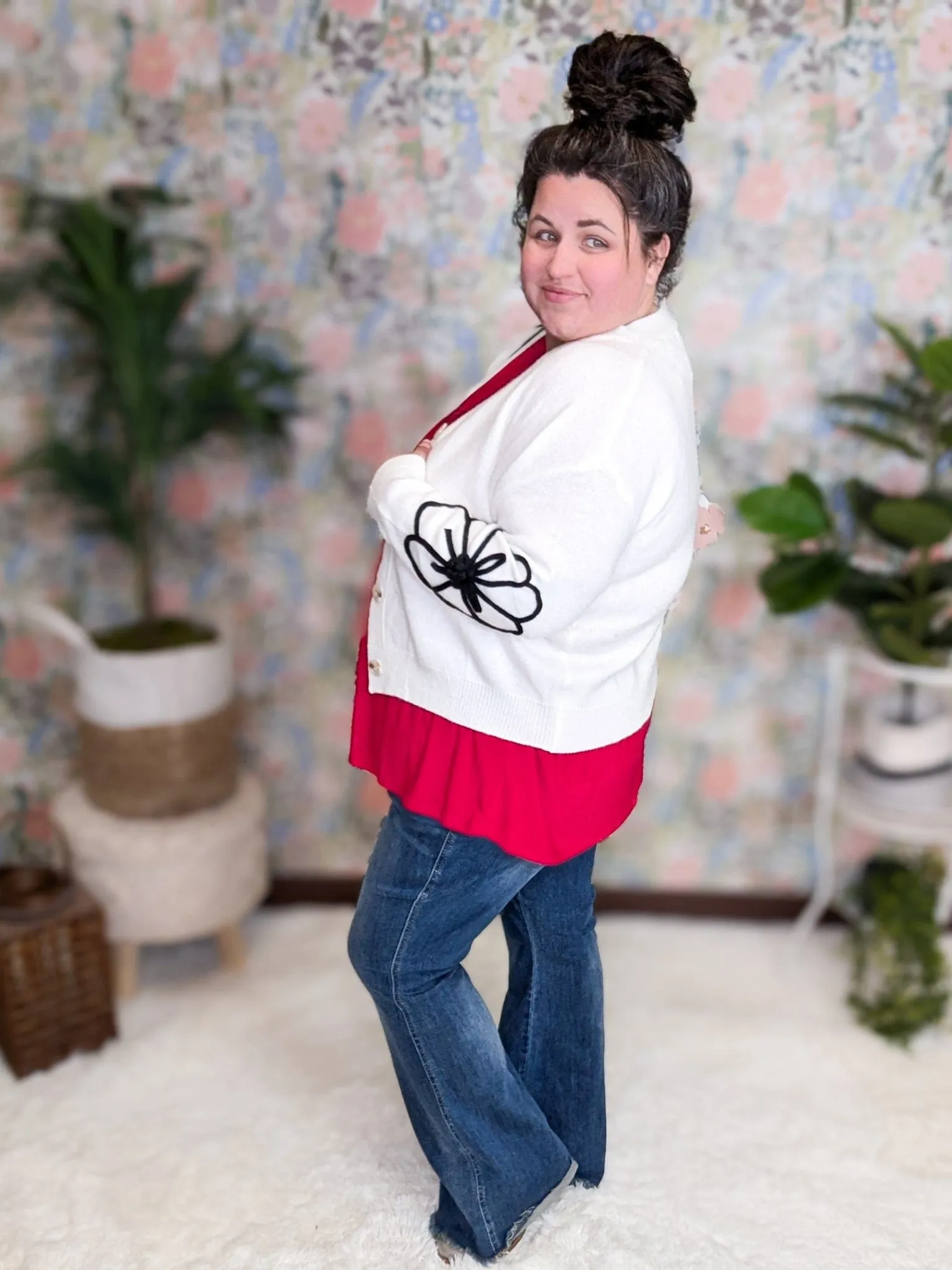 Tracey Cream Button Cardigan w/3d Black Floral