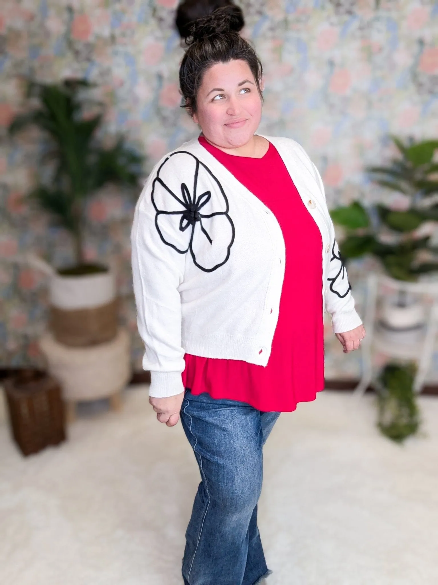 Tracey Cream Button Cardigan w/3d Black Floral