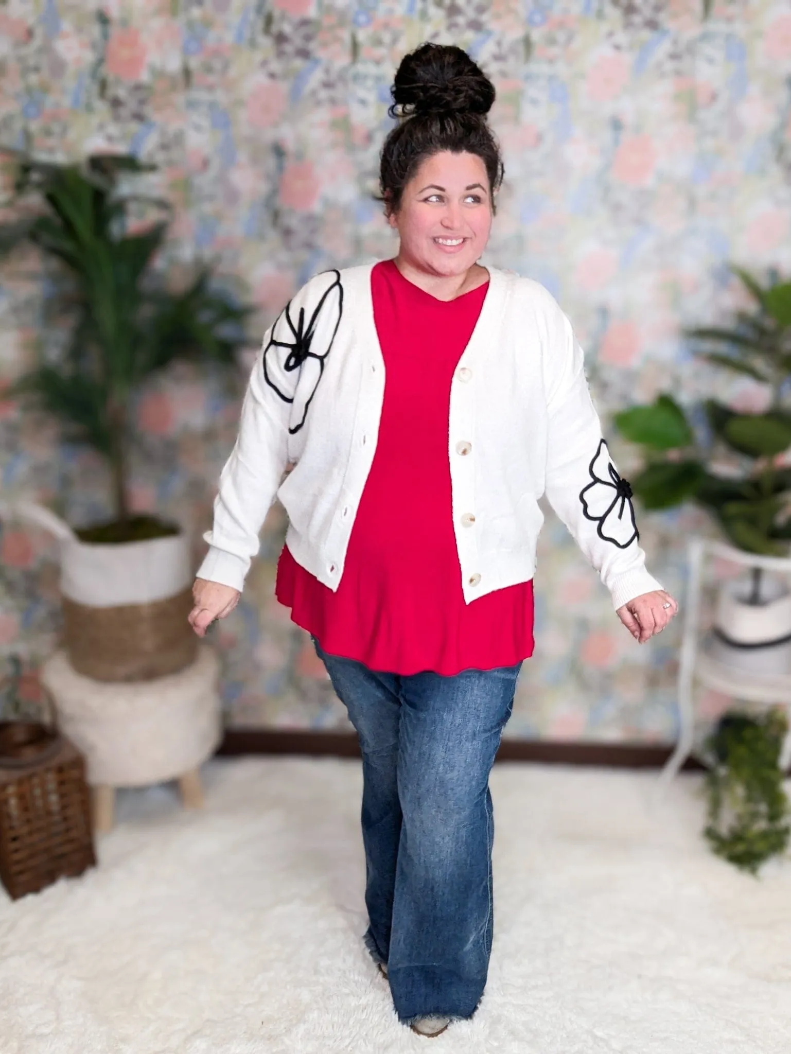 Tracey Cream Button Cardigan w/3d Black Floral