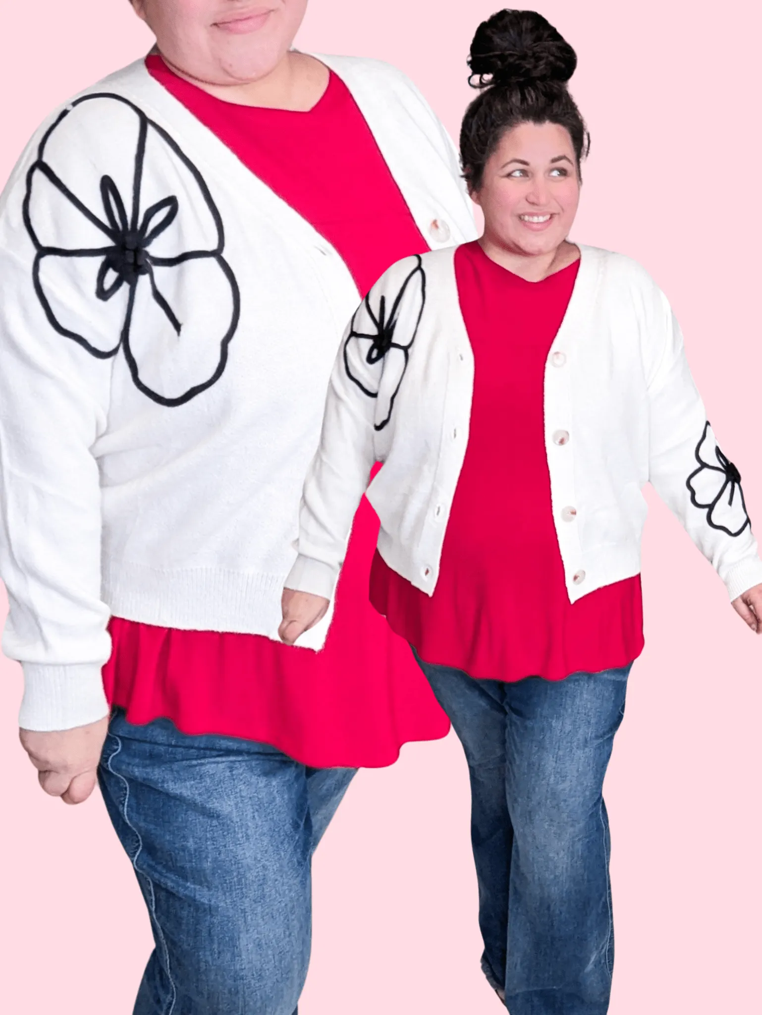 Tracey Cream Button Cardigan w/3d Black Floral