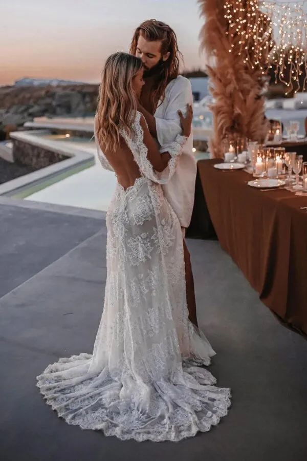 Tulle Sheath V-neck Beaded Lace Appliques Long Sleeve Wedding Dress, MW1046