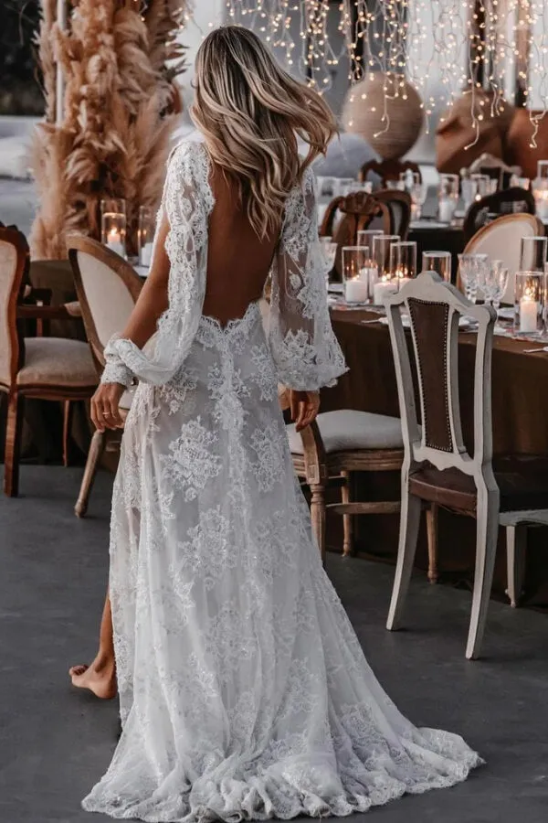 Tulle Sheath V-neck Beaded Lace Appliques Long Sleeve Wedding Dress, MW1046