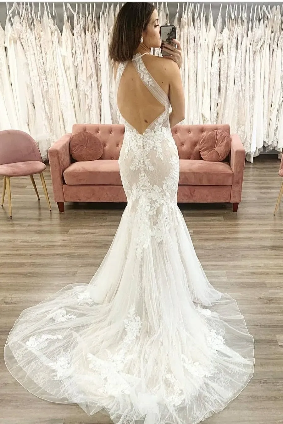 Tulle Sleeveless Bridal Gown with Floral Appliques Details