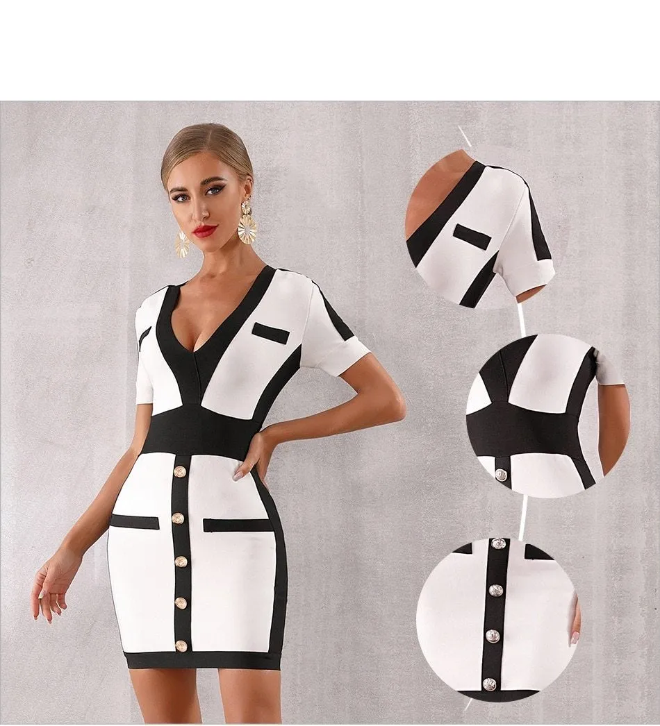 V Short Sleeve Mini Bodycon Club Dress