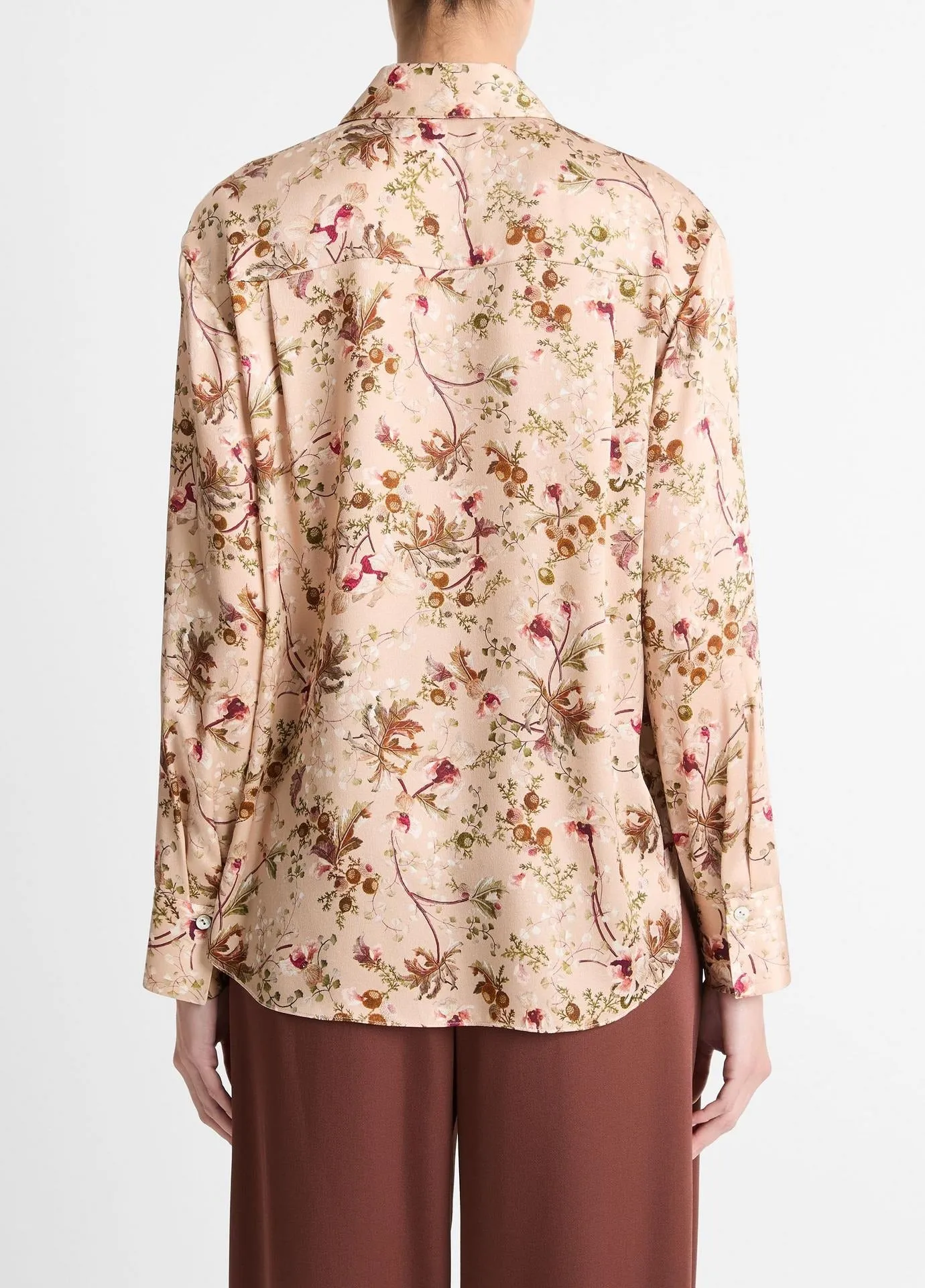 Vince Silk Orchid Vine Bias Long-Sleeve Blouse in Pale Camel