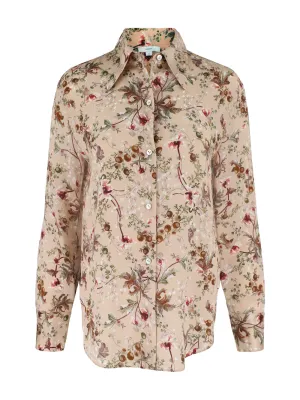 Vince Silk Orchid Vine Bias Long-Sleeve Blouse in Pale Camel
