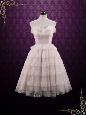 Vintage Style Tea Length Pearl Pink Wedding Dress Formal Dress NATASHA