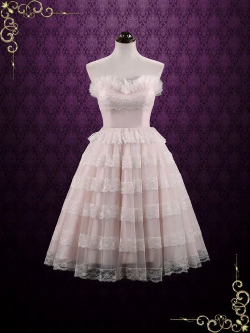 Vintage Style Tea Length Pearl Pink Wedding Dress Formal Dress NATASHA