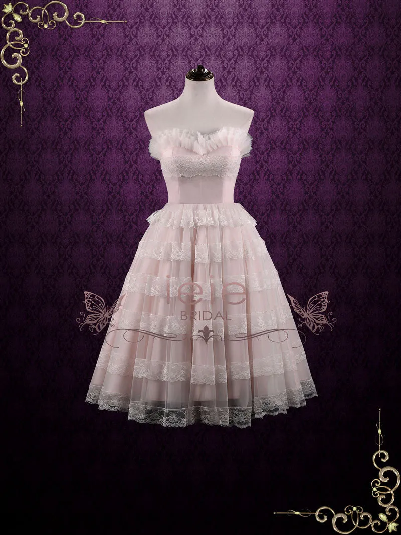 Vintage Style Tea Length Pearl Pink Wedding Dress Formal Dress NATASHA