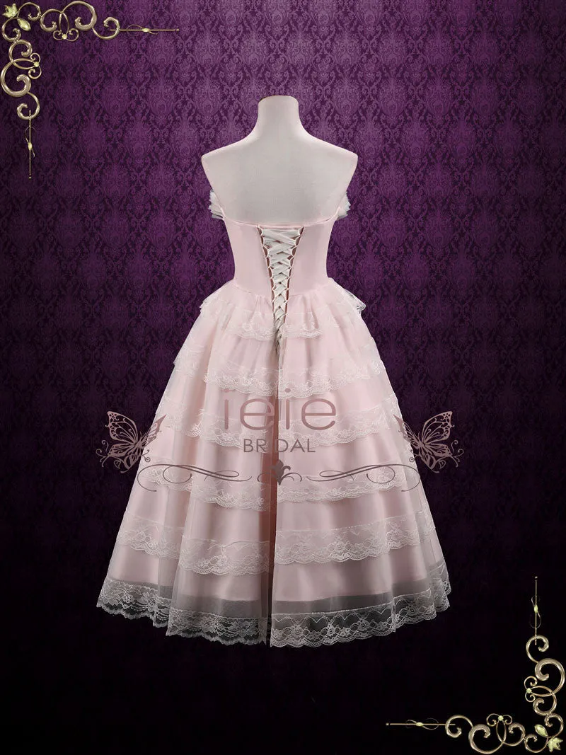 Vintage Style Tea Length Pearl Pink Wedding Dress Formal Dress NATASHA