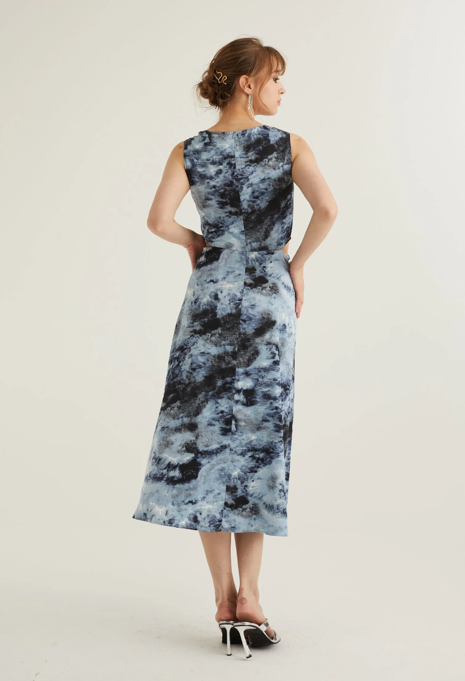 Watercolour Collared Sleeveless Midi Dress
