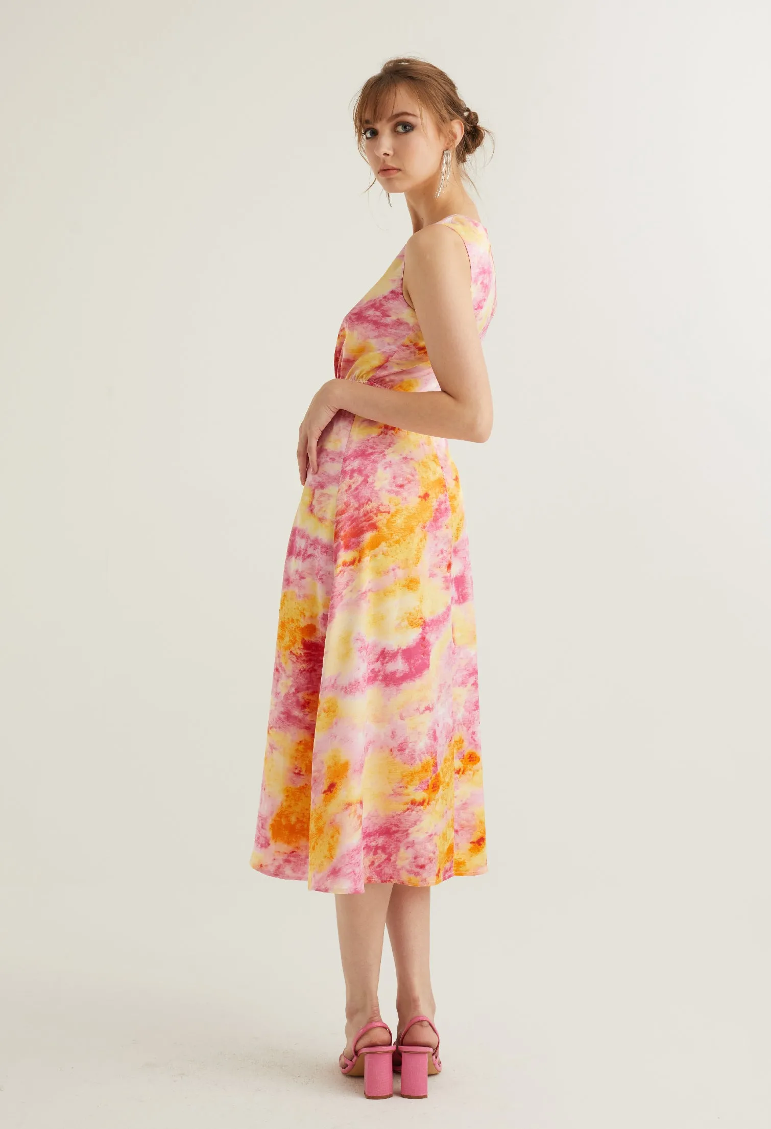 Watercolour Collared Sleeveless Midi Dress