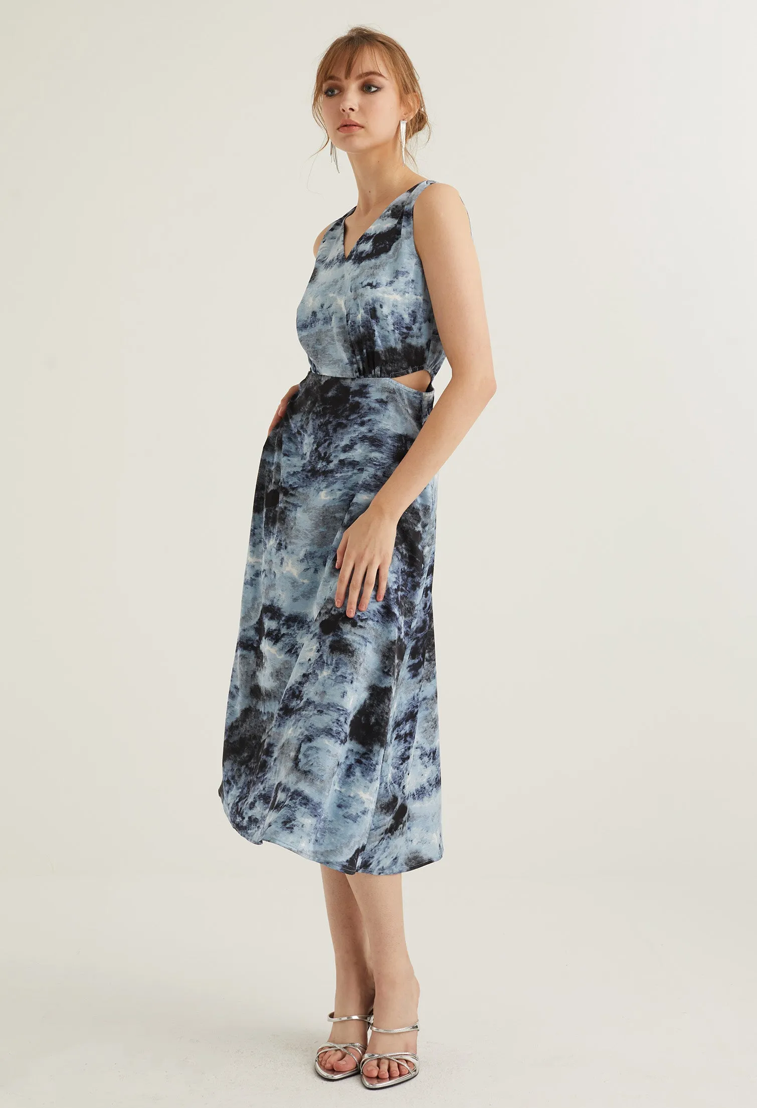 Watercolour Collared Sleeveless Midi Dress