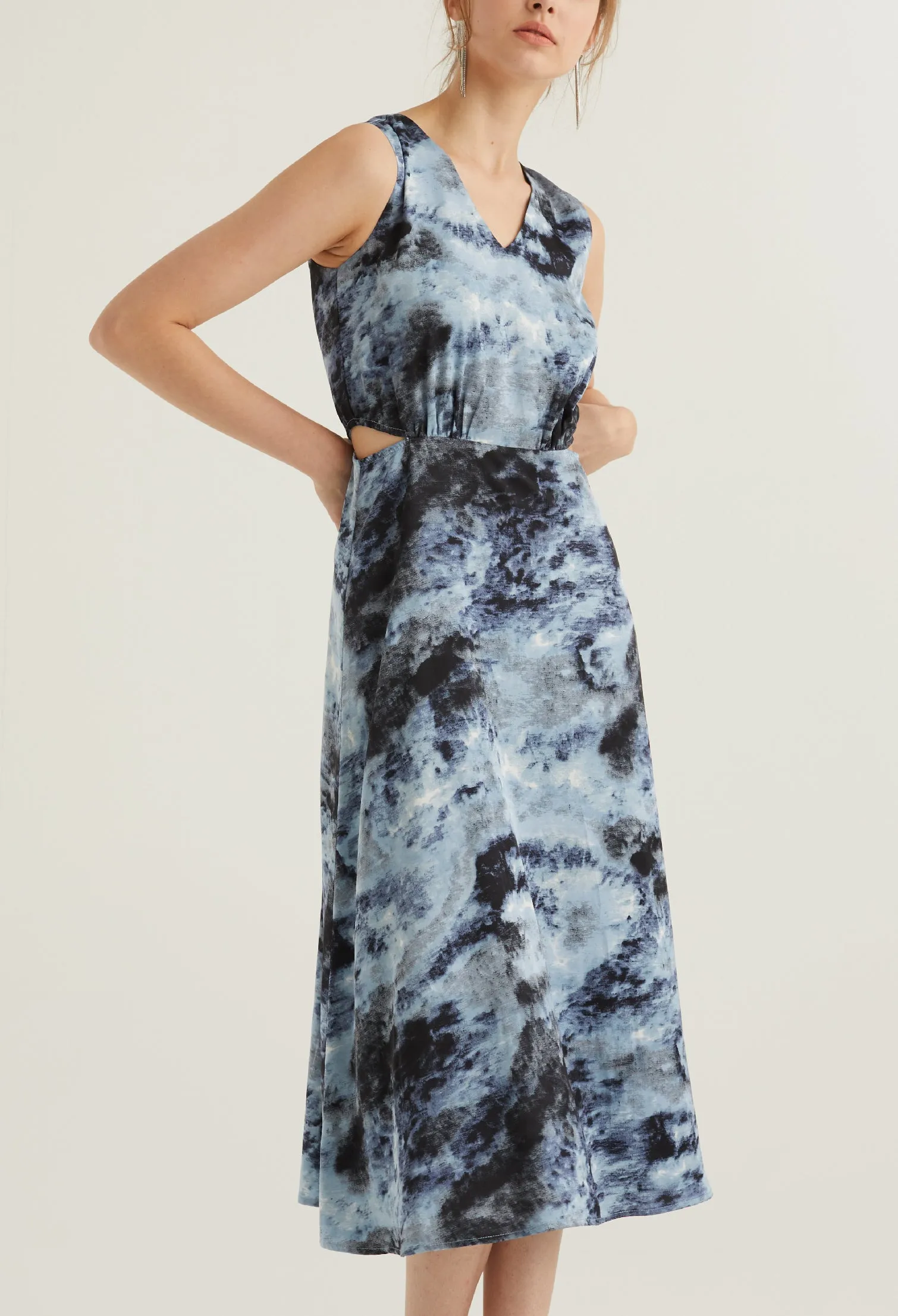Watercolour Collared Sleeveless Midi Dress