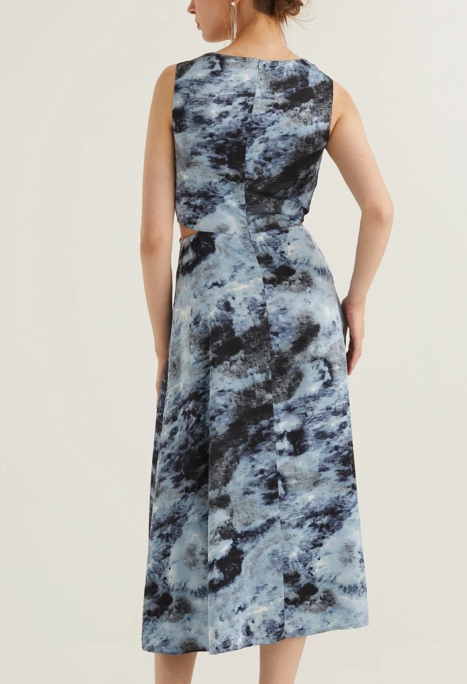 Watercolour Collared Sleeveless Midi Dress