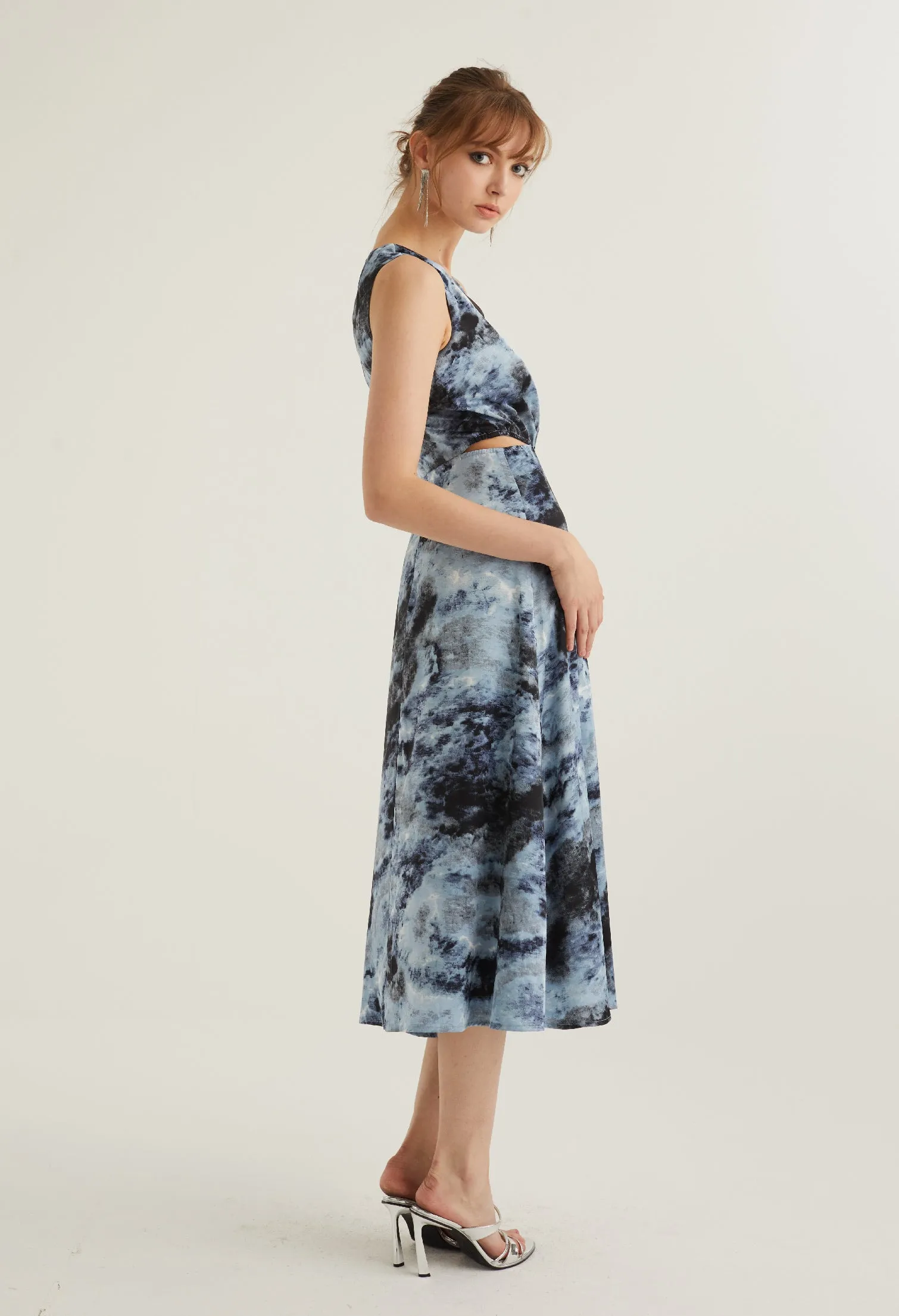 Watercolour Collared Sleeveless Midi Dress