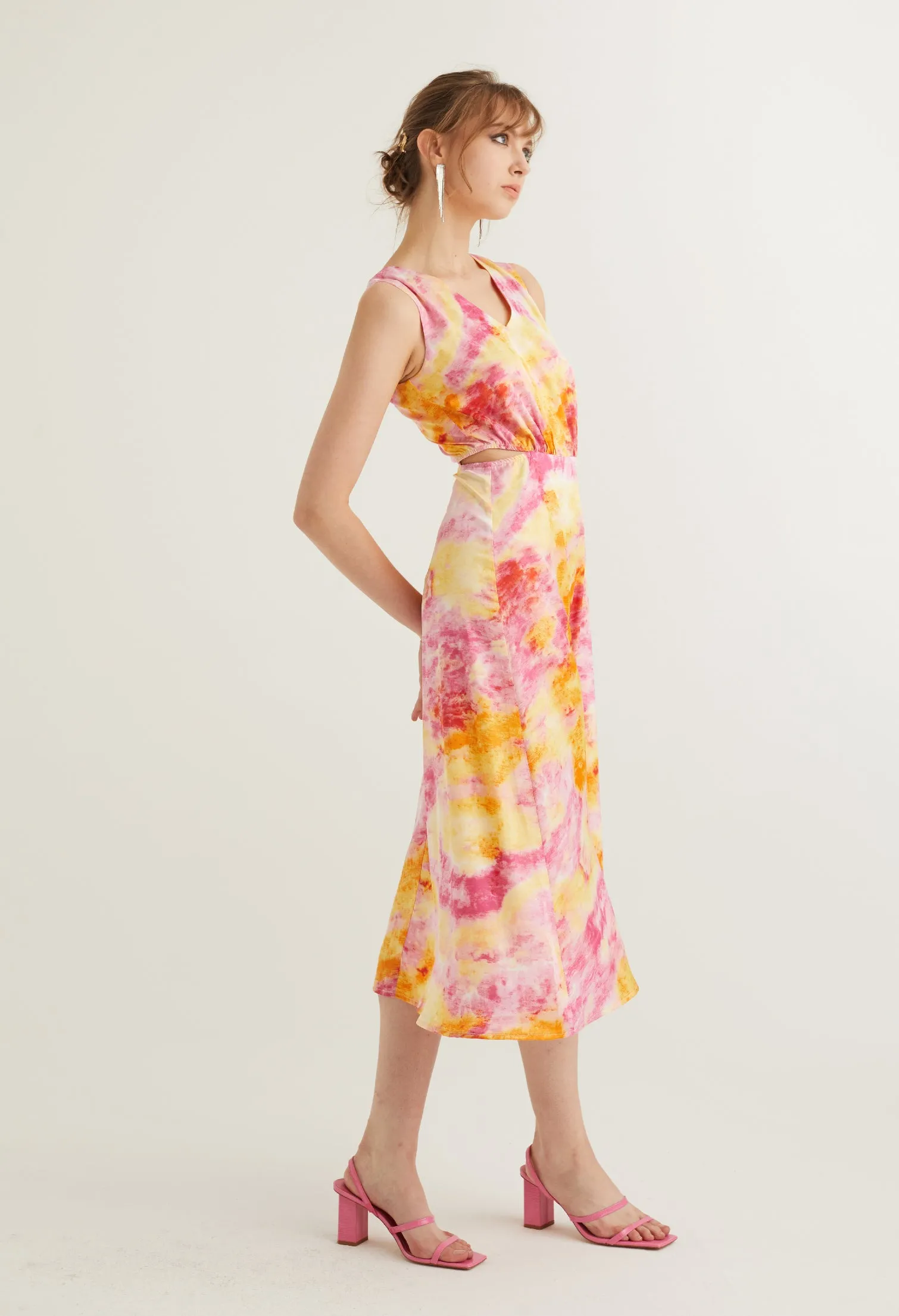 Watercolour Collared Sleeveless Midi Dress