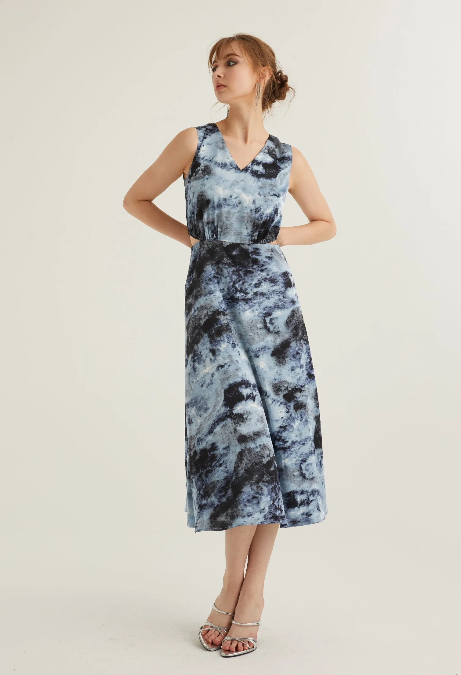 Watercolour Collared Sleeveless Midi Dress