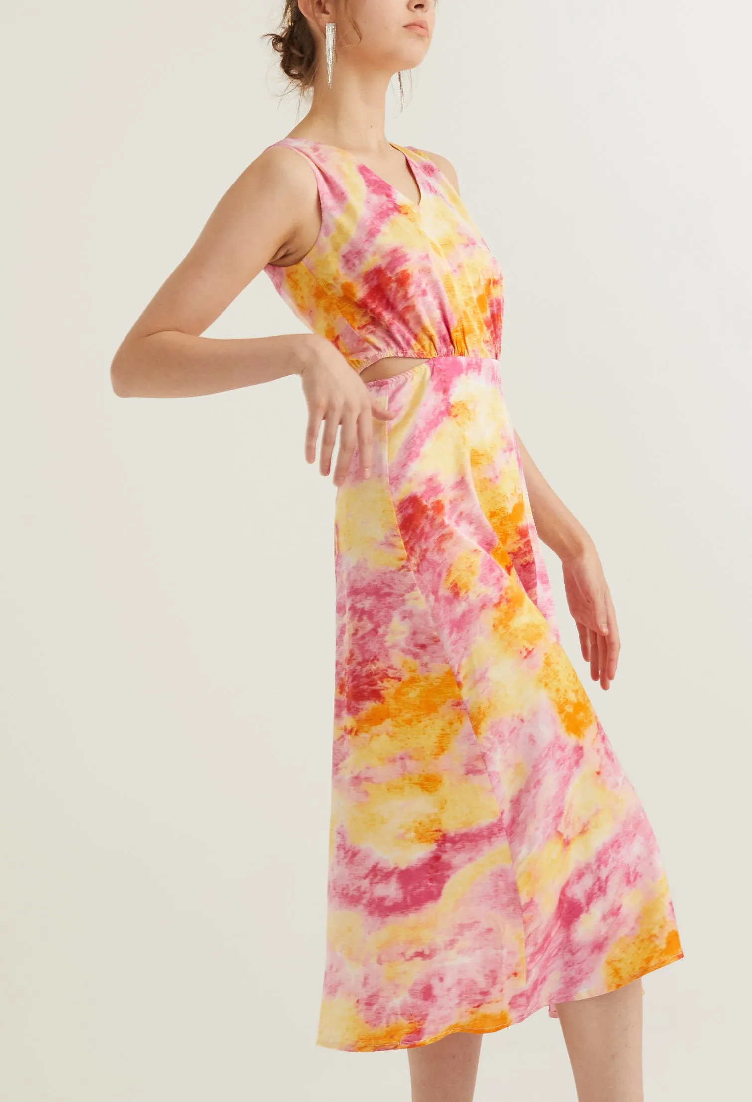 Watercolour Collared Sleeveless Midi Dress