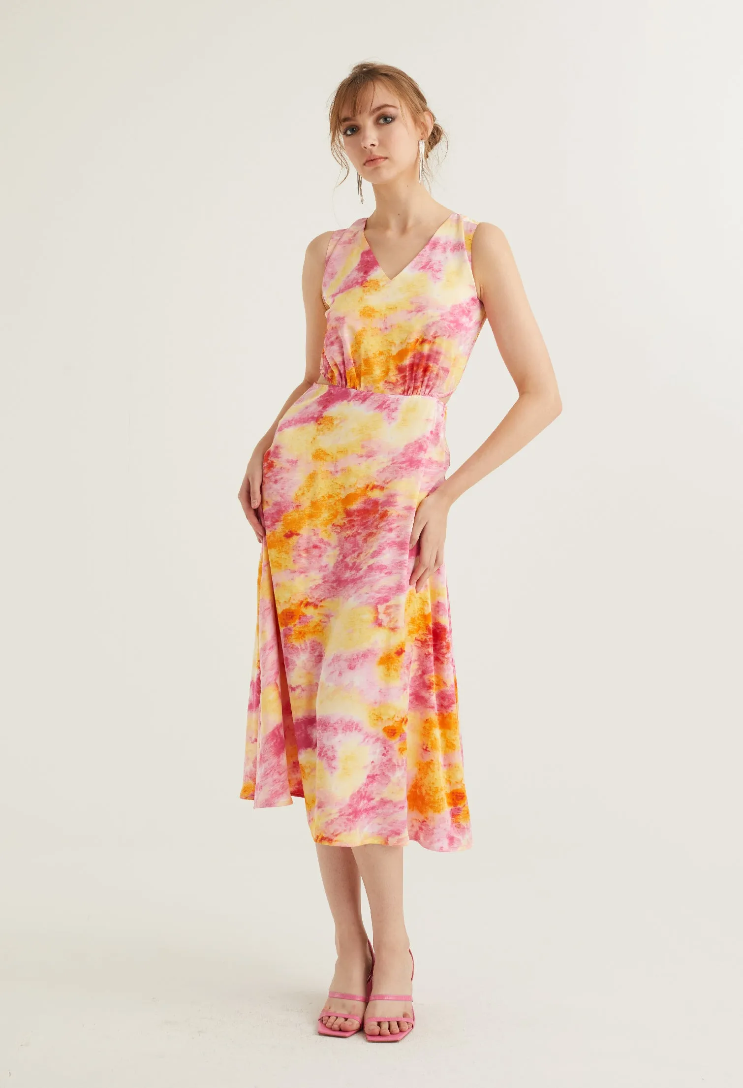 Watercolour Collared Sleeveless Midi Dress