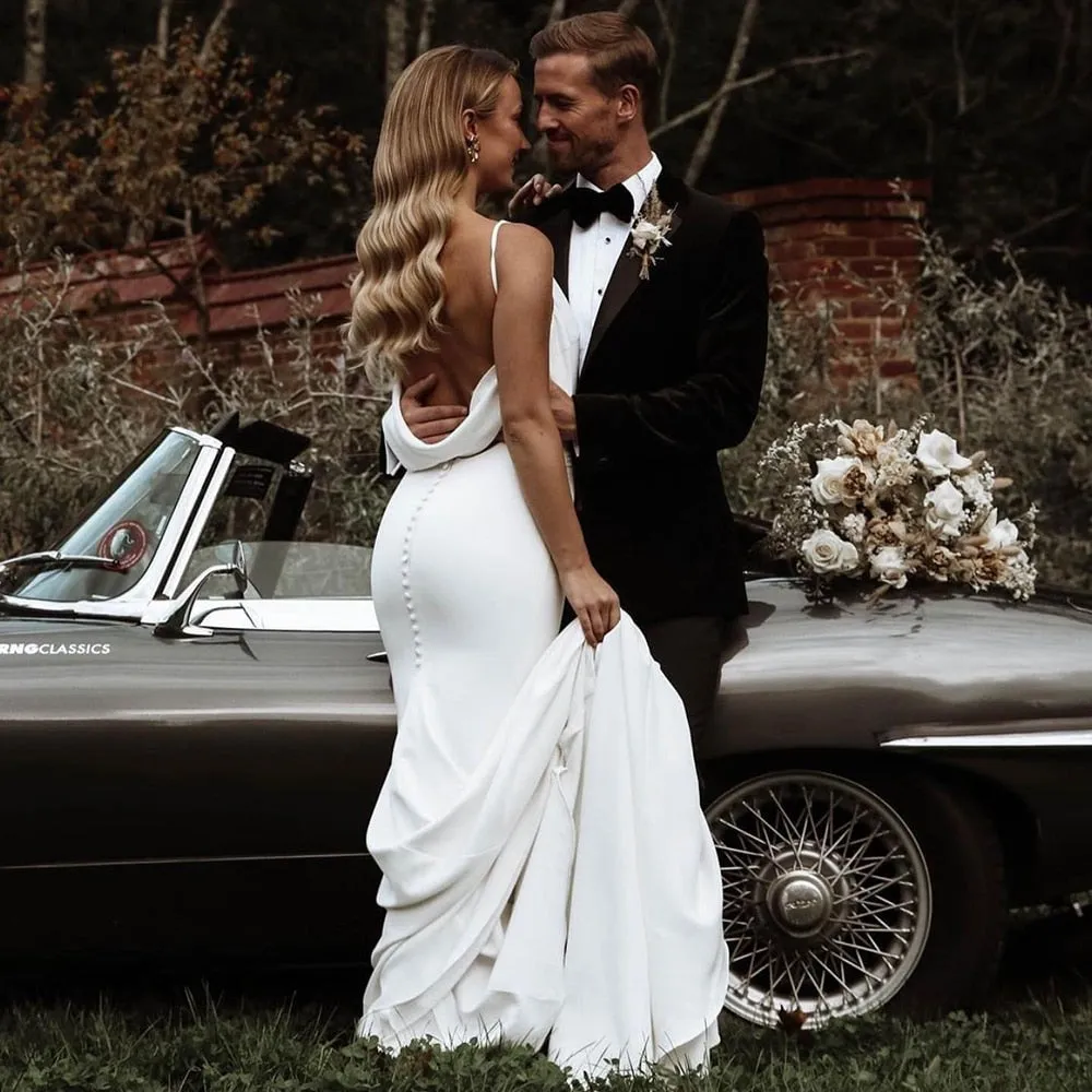 Wedding Dress Long Train Backless Buttons Draped