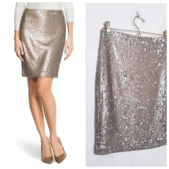 White House Black Market Sequin Skirt Womens Size 0 Champagne Lined Formal WHBM