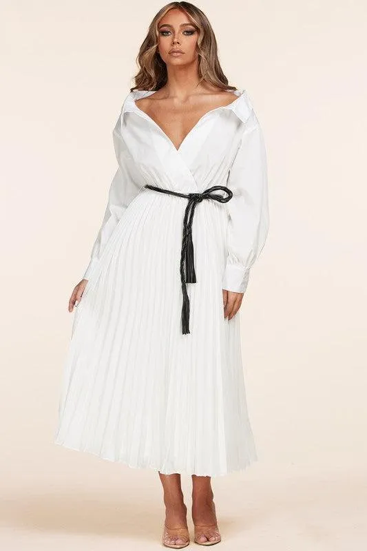 WHITE MIDI DRESS WITH PLEATS
