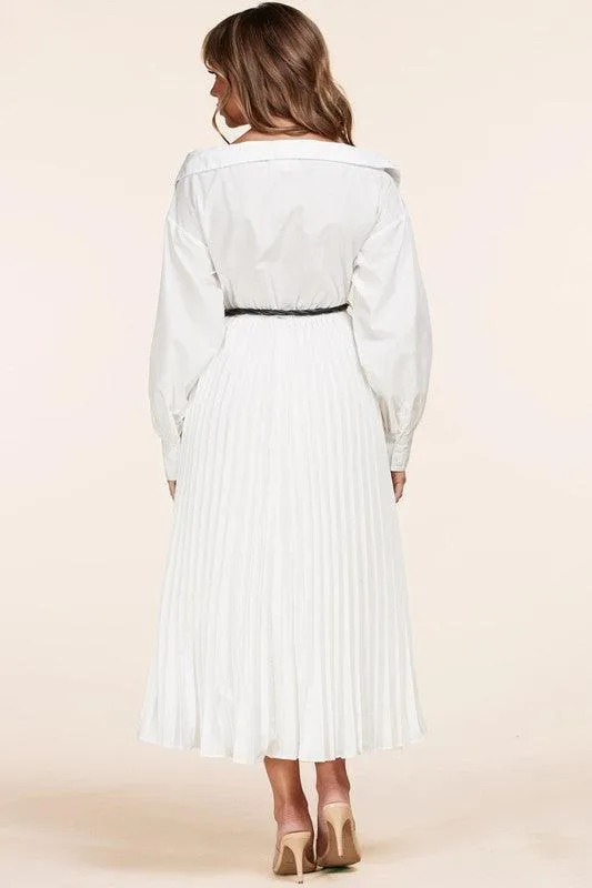 WHITE MIDI DRESS WITH PLEATS