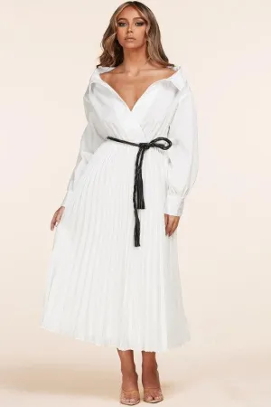 WHITE MIDI DRESS WITH PLEATS