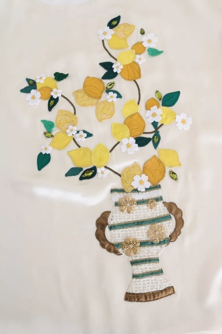 White Silk Lemon Vase Crystal Blouse
