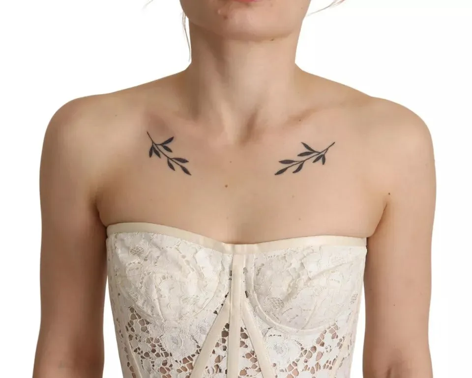 White Strapless Floral Lace Cropped Bustier Top