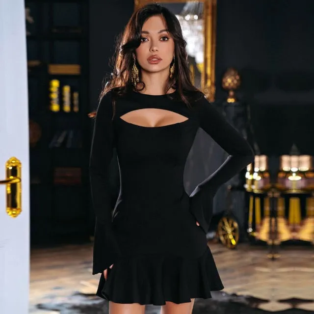Women White Ruffles Long Sleeve Bandage Dress Sexy Hollow Out Dress