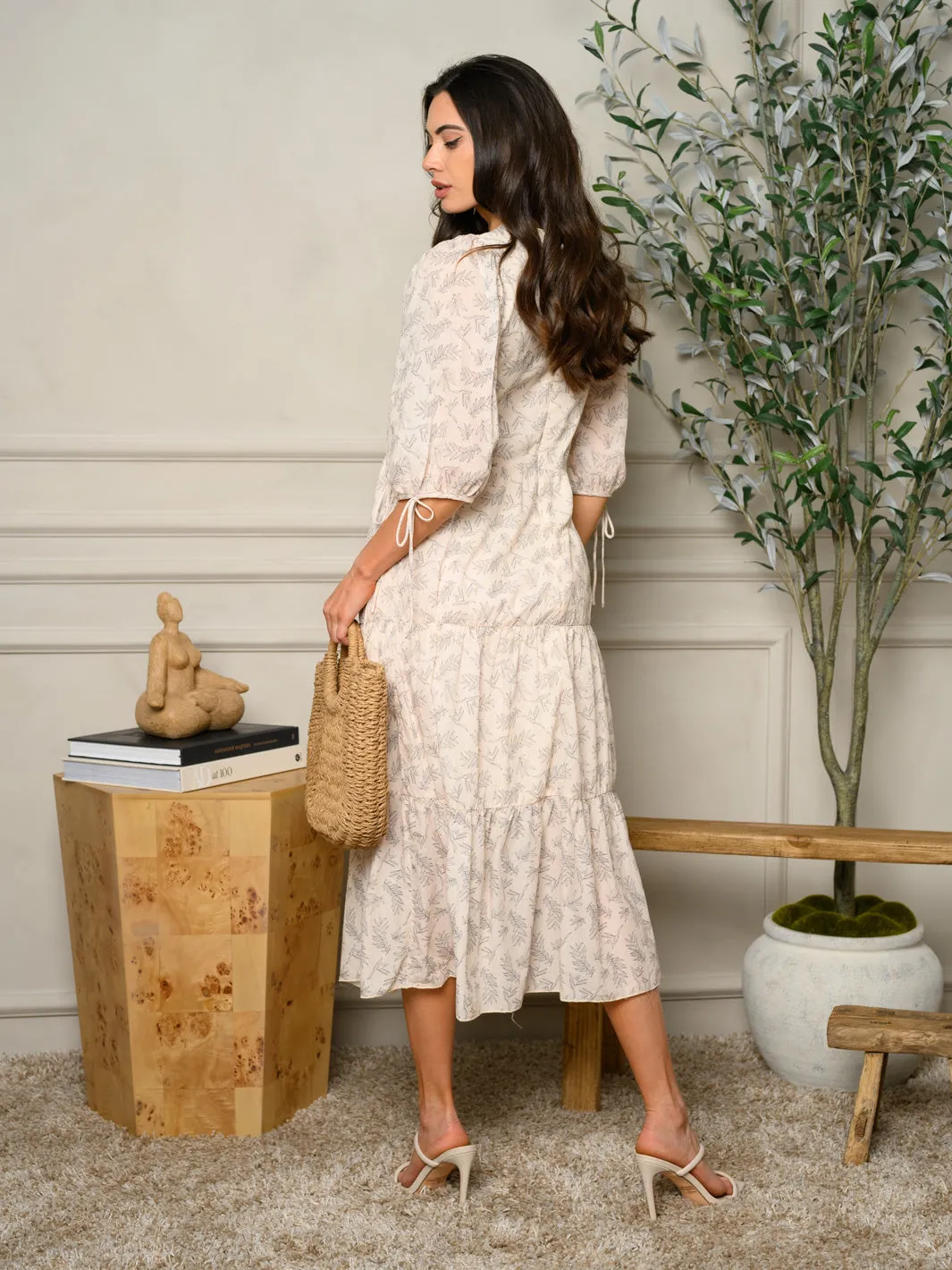 WOMEN'S 3/4 SLEEVE LEAF PRINT TIERED MIDI DRESS